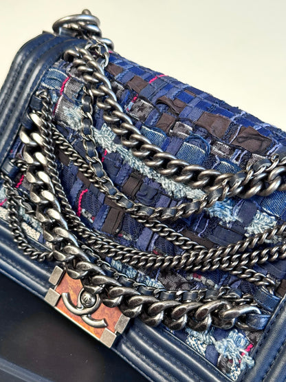 Pre-owned Chanel Boy Medium Blue Denim Tweed Leather Flap Bag