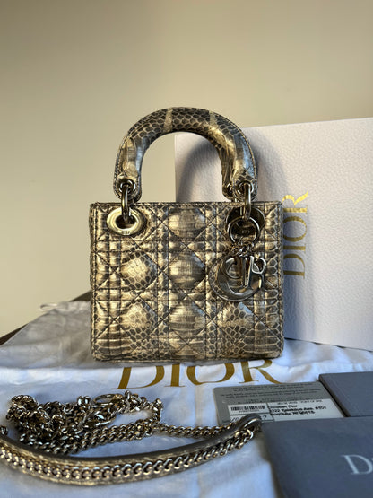 Pre-owned Dior Lady Dior Mini Metallic Grey Beige Python Bag
