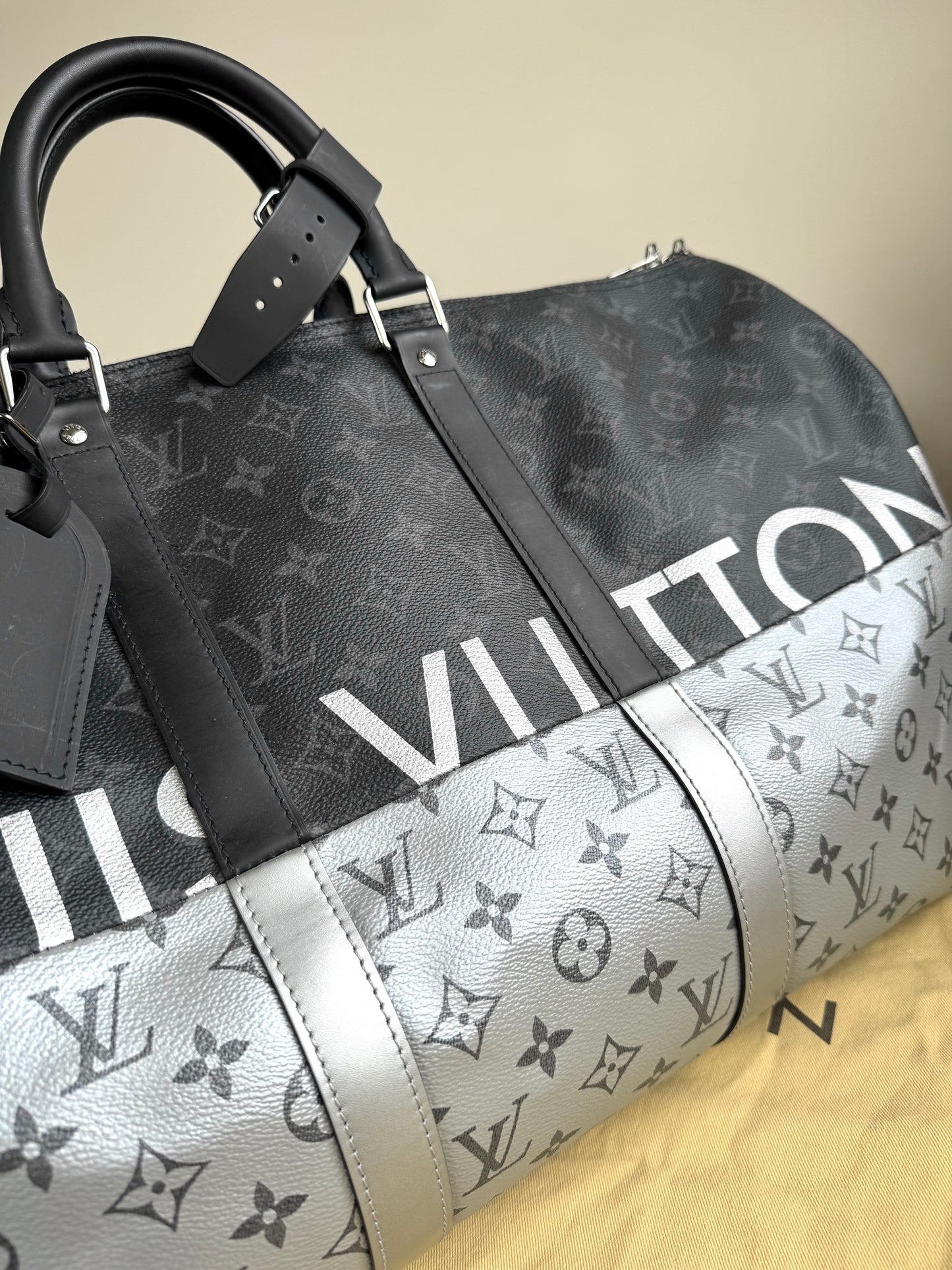 Pre-owned Louis Vuitton Keepall 50 Black Silver Eclipse Split Travel Bag