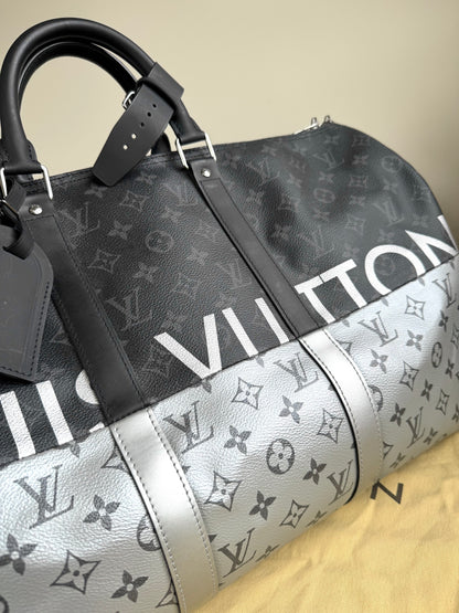 Pre-owned Louis Vuitton Keepall 50 Black Silver Eclipse Split Travel Bag