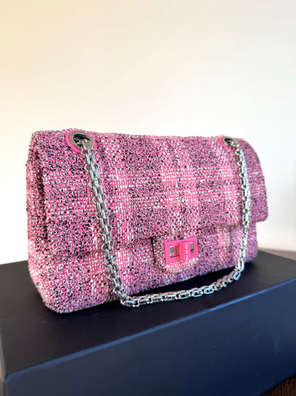 Pre-owned Chanel 2.55 Reissue 225 Medium Pink Tweed Flap Bag