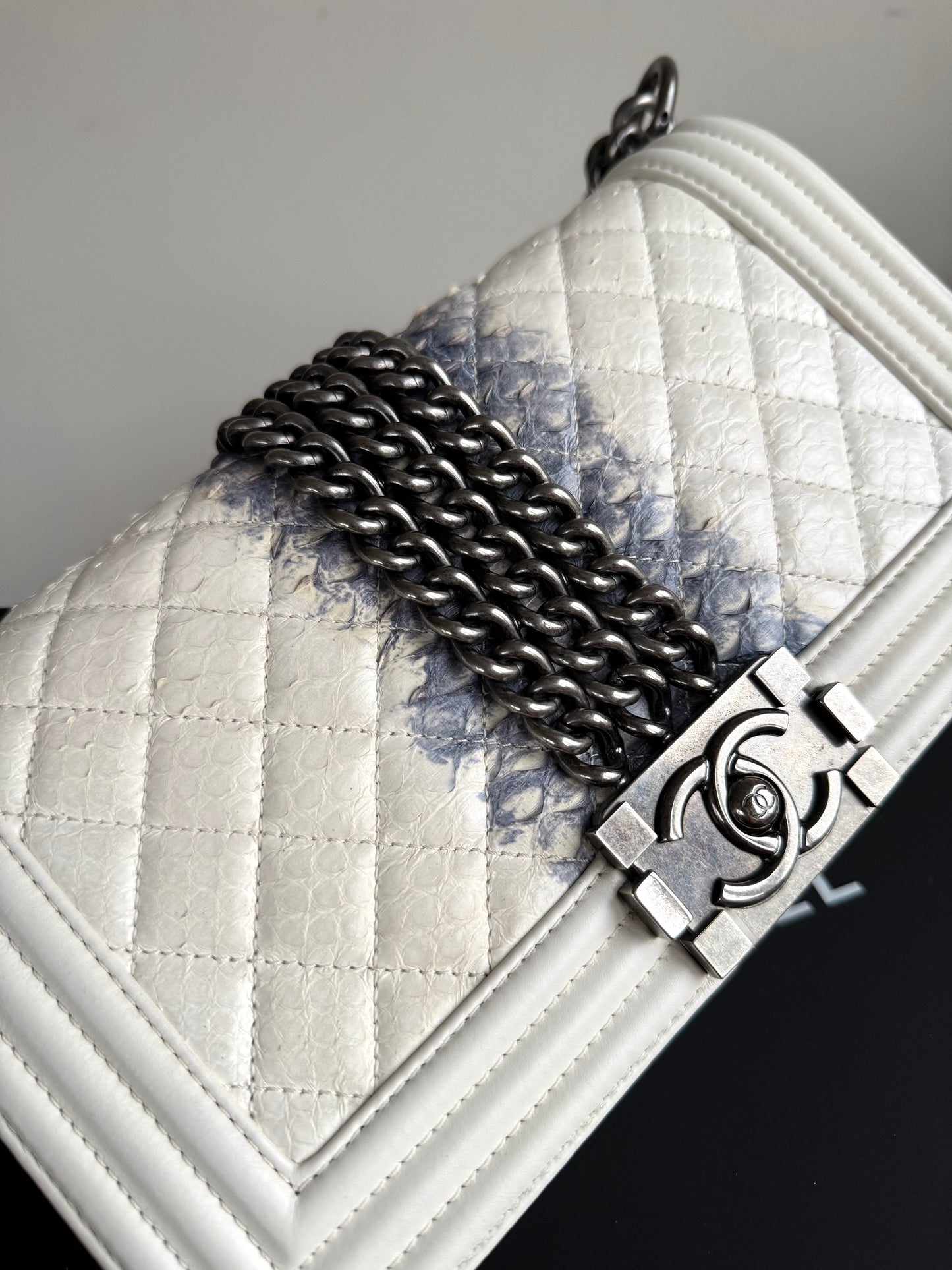 Pre-owned Chanel Boy Medium Off White Python Chain Around Flap Bag