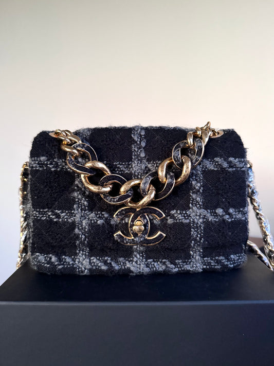 Pre-owned Chanel 19 Small Black Tweed Flap Bag