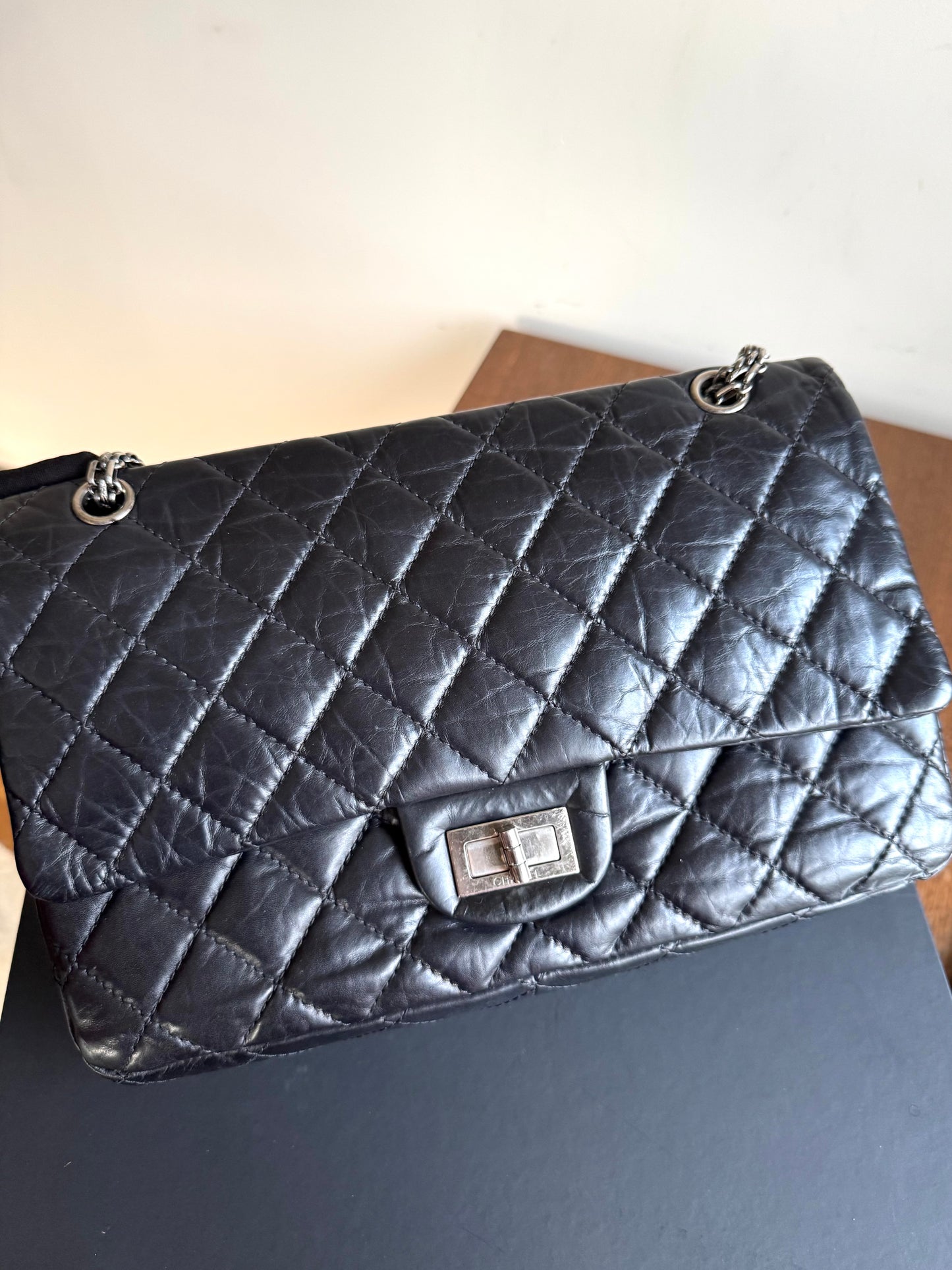 Pre-owned Chanel 2.55 Reissue Maxi 227 Black Calfskin Flap Bag