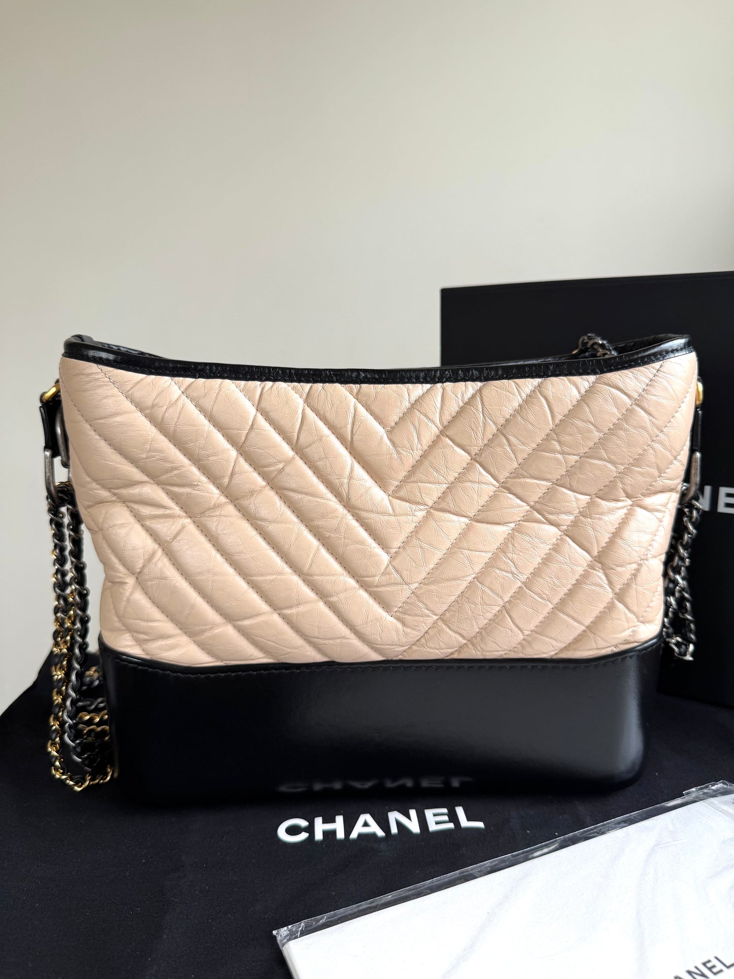 Pre-owned Chanel Gabrielle Medium V-Stitch Beige Black Leather Hobo Bag