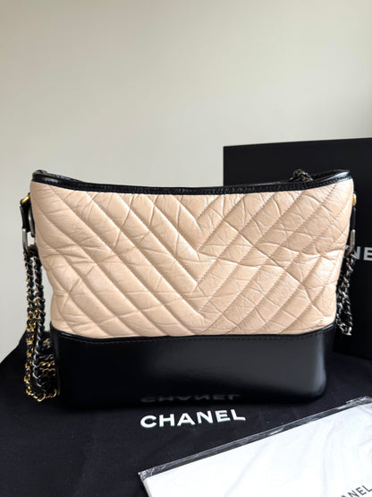 Pre-owned Chanel Gabrielle Medium V-Stitch Beige Black Leather Hobo Bag