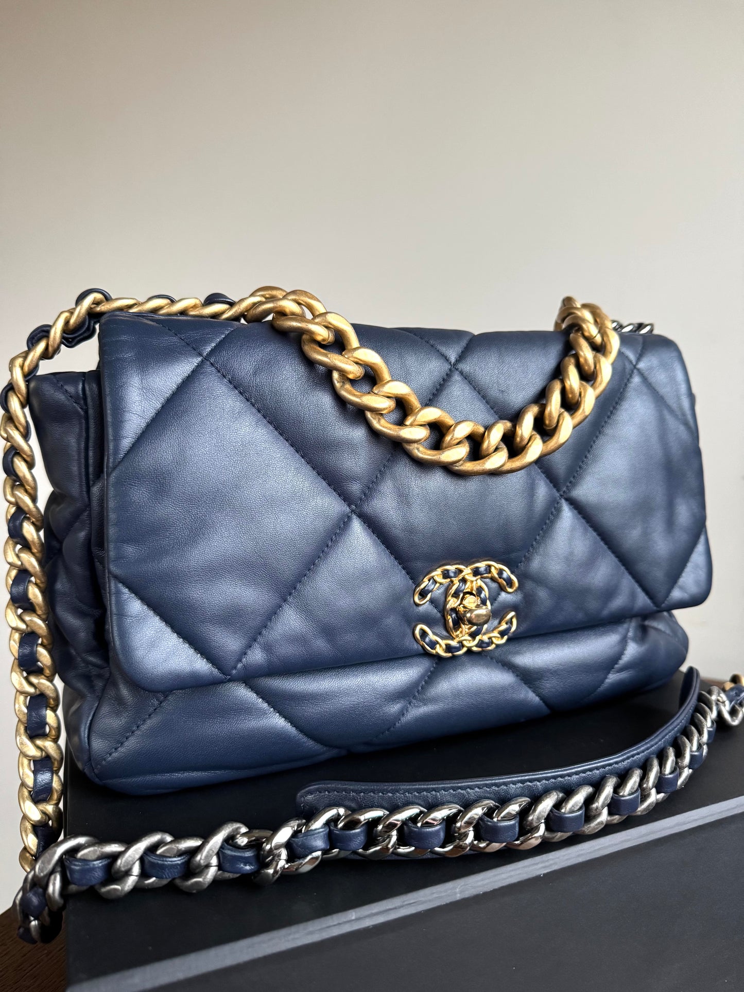 Pre-owned Chanel 19 Small Navy Lambskin Flap Bag