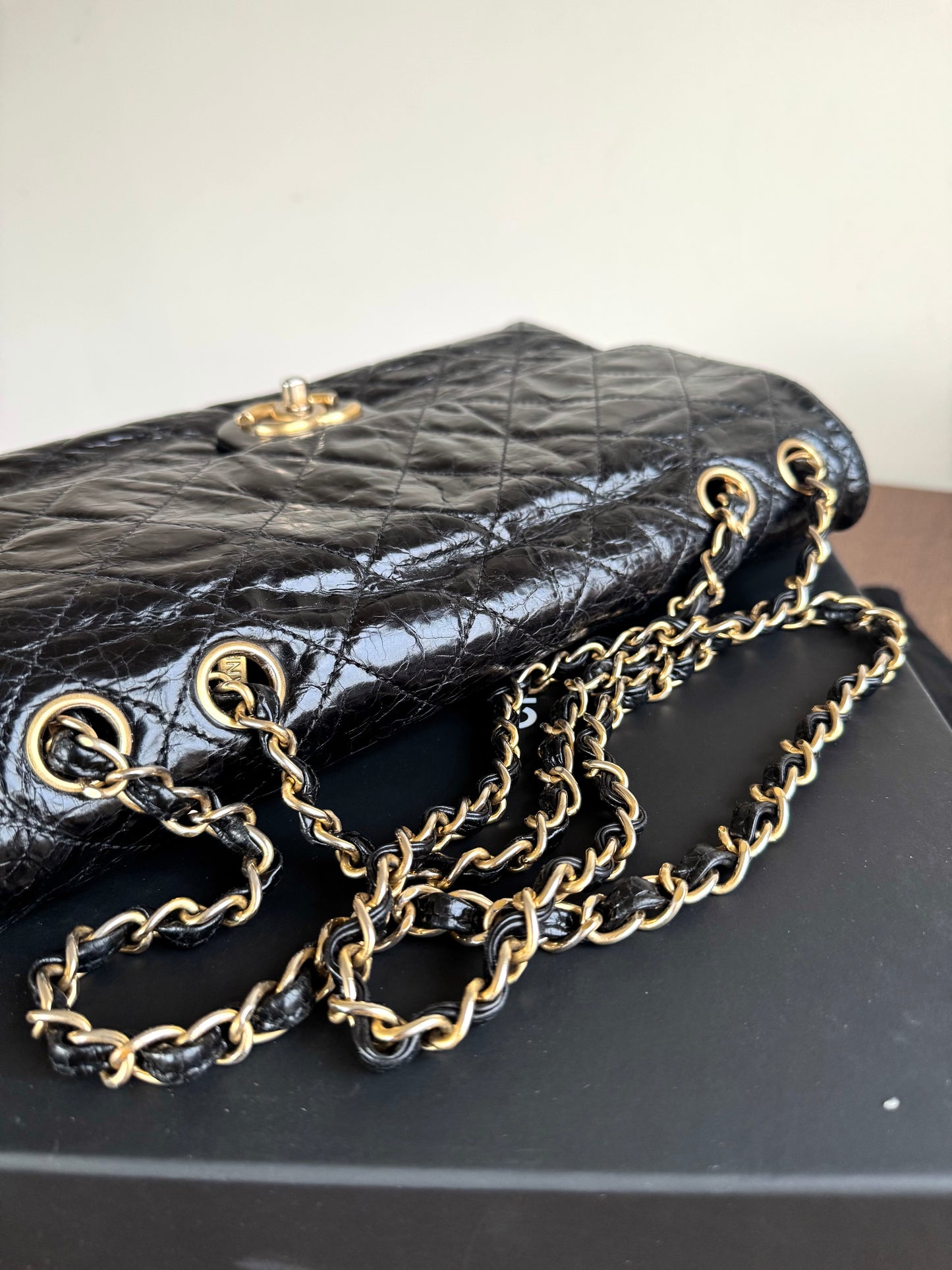 Pre-owned Chanel CC Black Waxed Leather Flap Bag