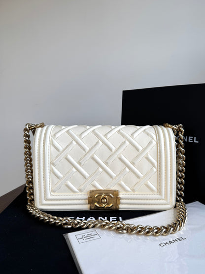 Pre-owned Chanel Boy Medium Embossed Cream Leather Bag