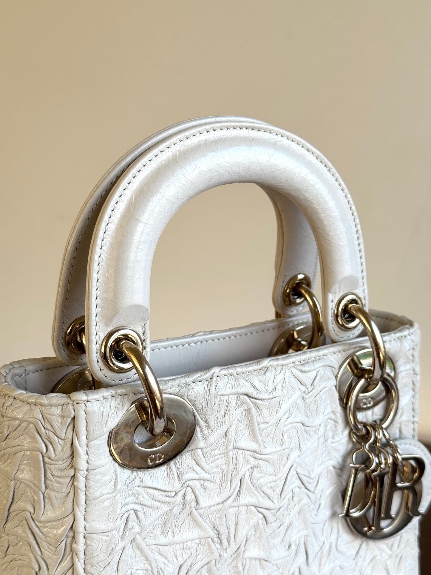 Pre-owned Dior Lady Dior Mini Off-White Eggshell Wrinkled Leather Bag