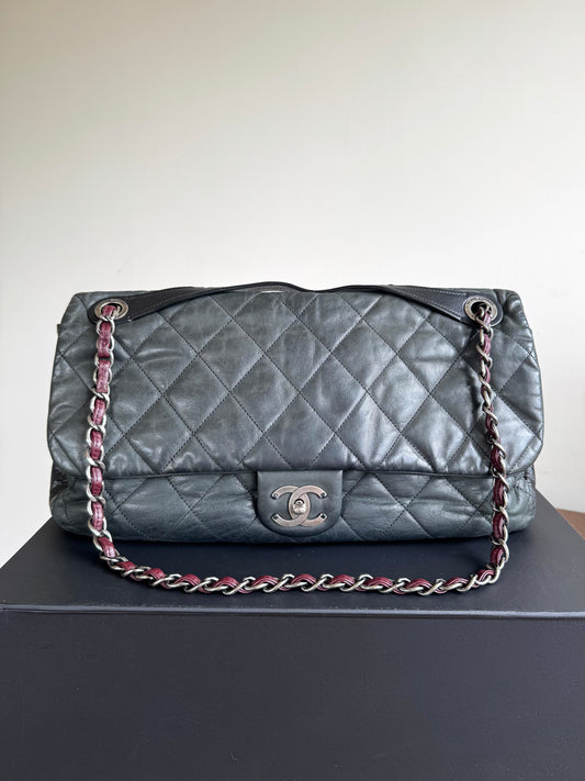 Pre-owned Chanel In The Mix Jumbo Charcoal Grey Iridescent Leather Flap Bag