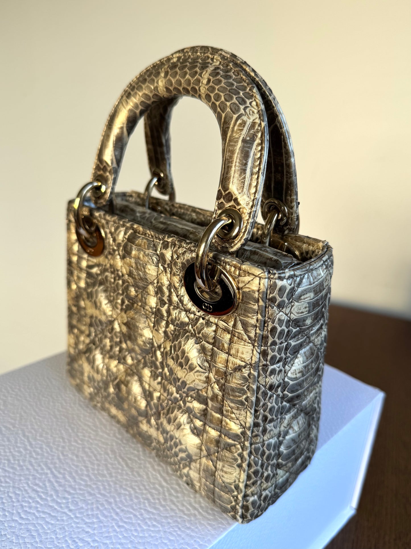 Pre-owned Dior Lady Dior Mini Metallic Grey Beige Python Bag