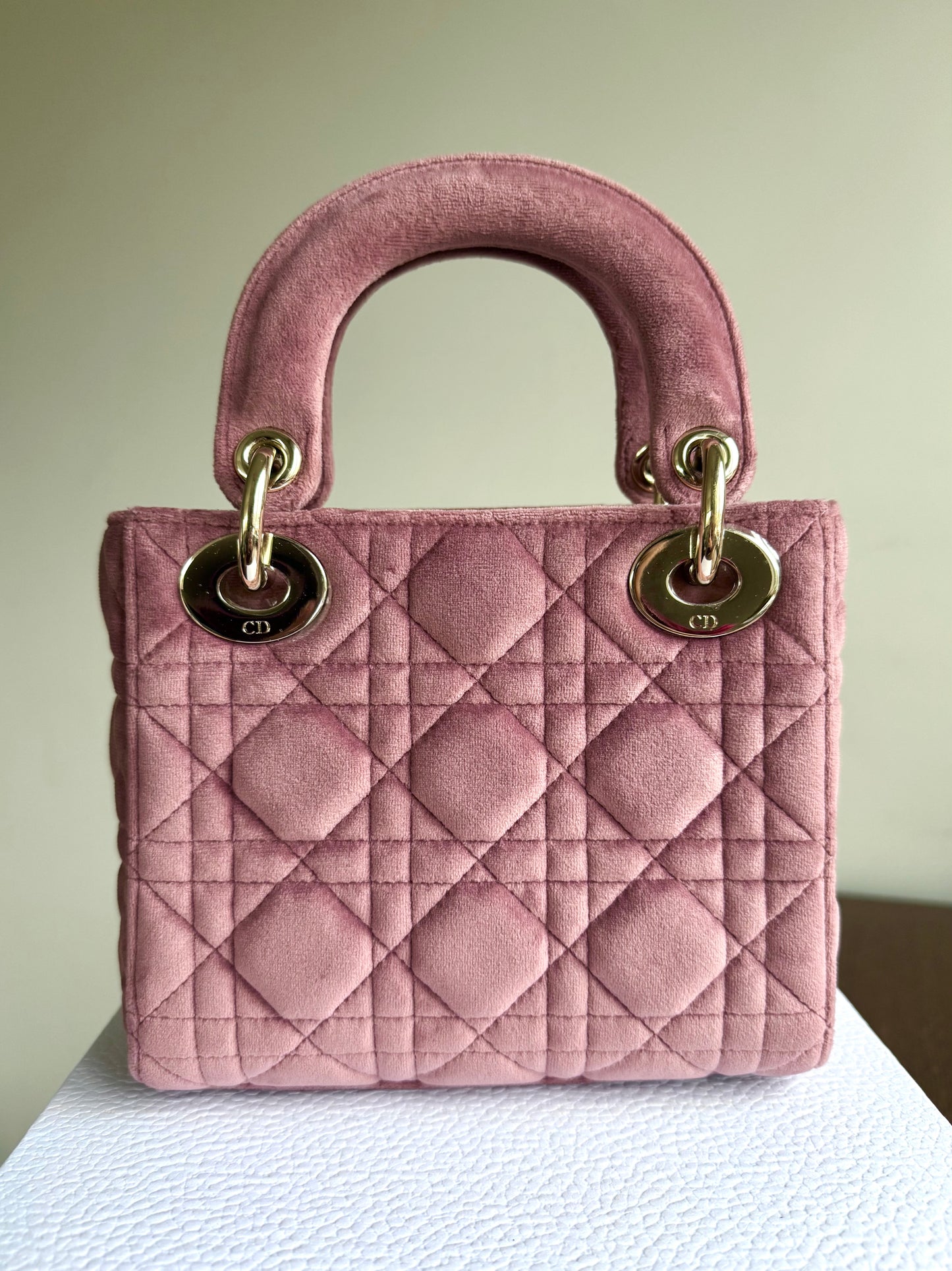 Pre-owned Dior Lady Dior Mini Crystal Dusty Rose Velvet Bag Limited Edition
