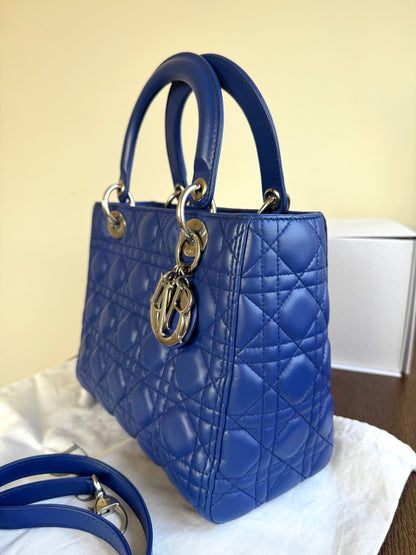 Pre-owned Dior Lady Dior Medium Blue Lambskin Bag