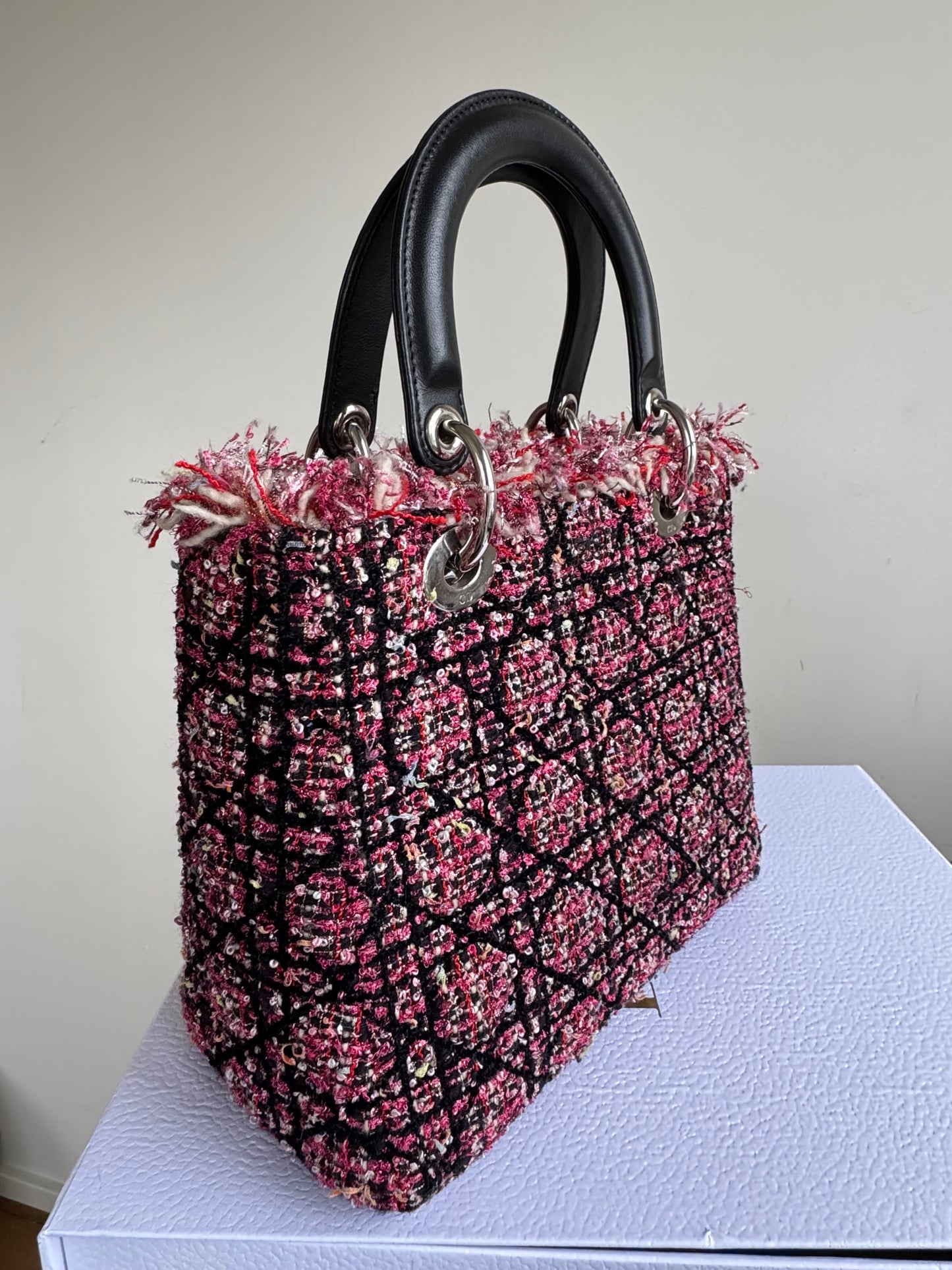 Pre-owned Dior Lady Dior Medium Black Pink Tweed Bag