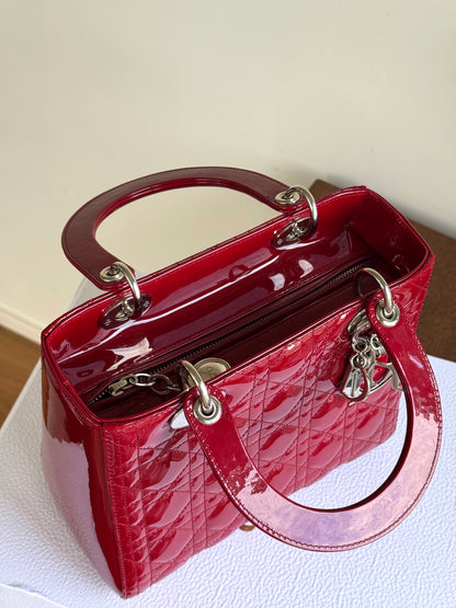 Pre-owned Dior Lady Dior Medium Burgundy Patent Leather Bag
