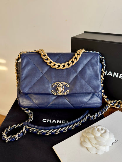 Pre-owned Chanel 19 Small Navy Lambskin Flap Bag