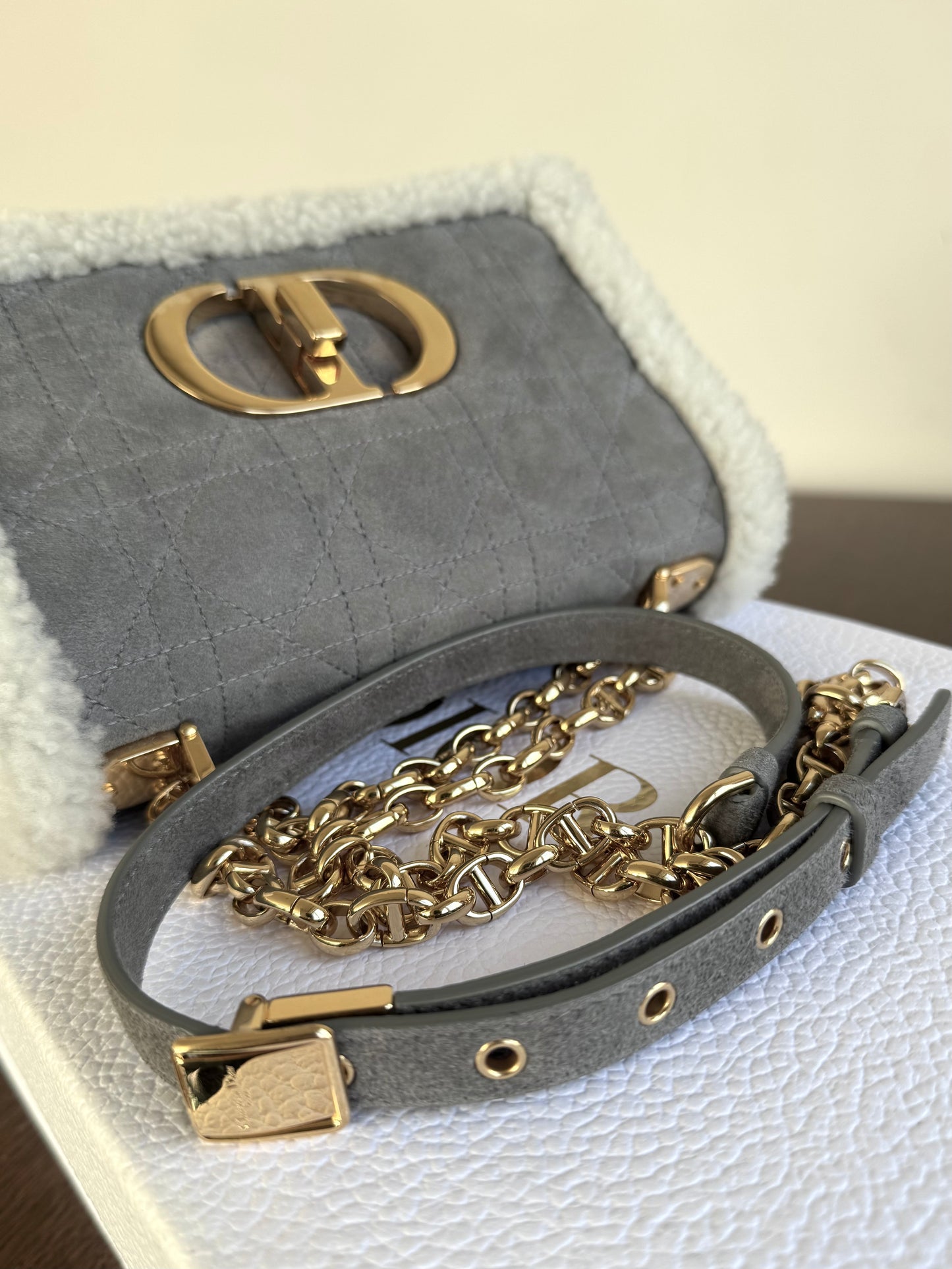 Pre-owned Dior Caro Small Grey Shearling Cannage Flap Bag