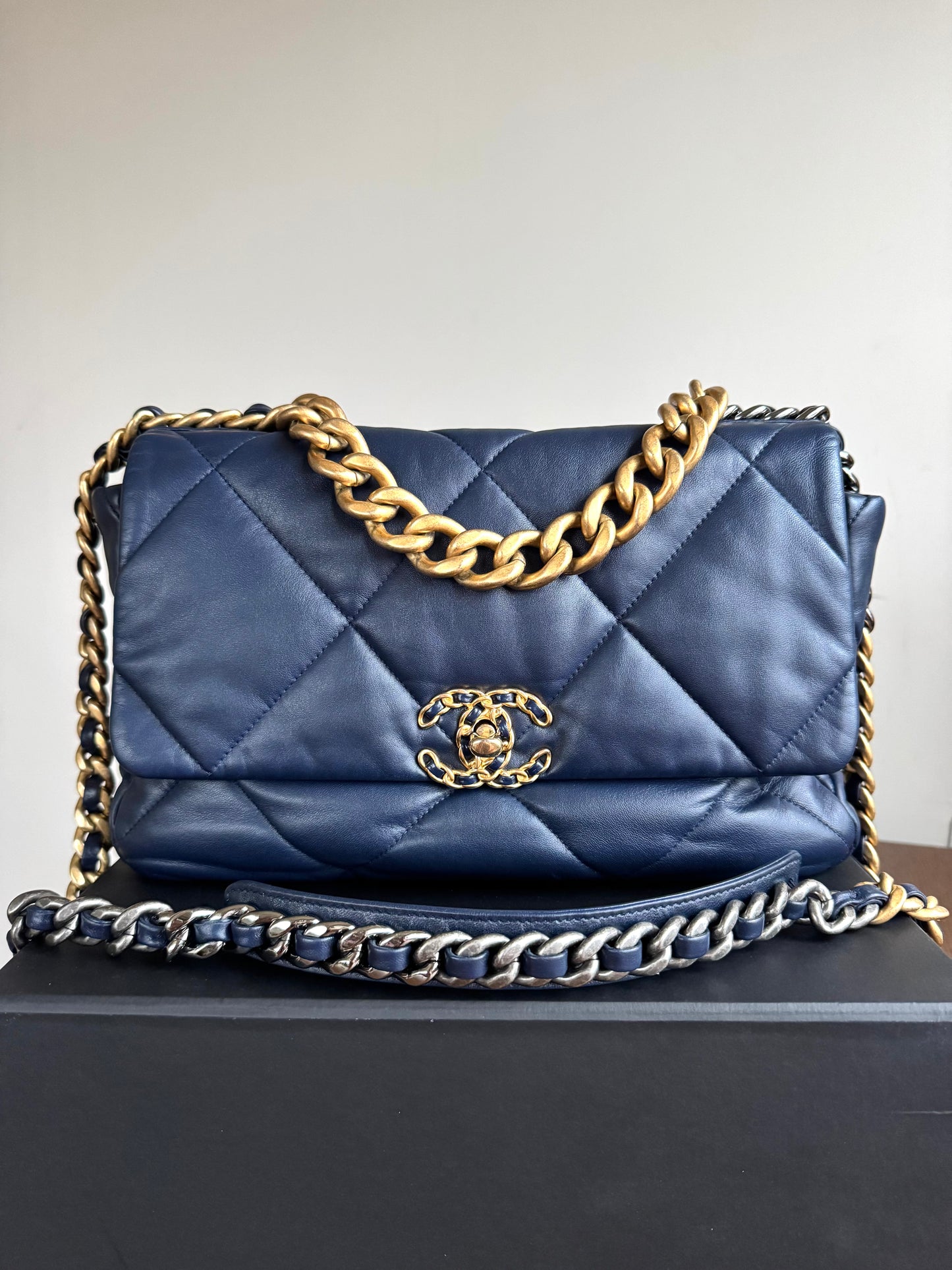 Pre-owned Chanel 19 Small Navy Lambskin Flap Bag