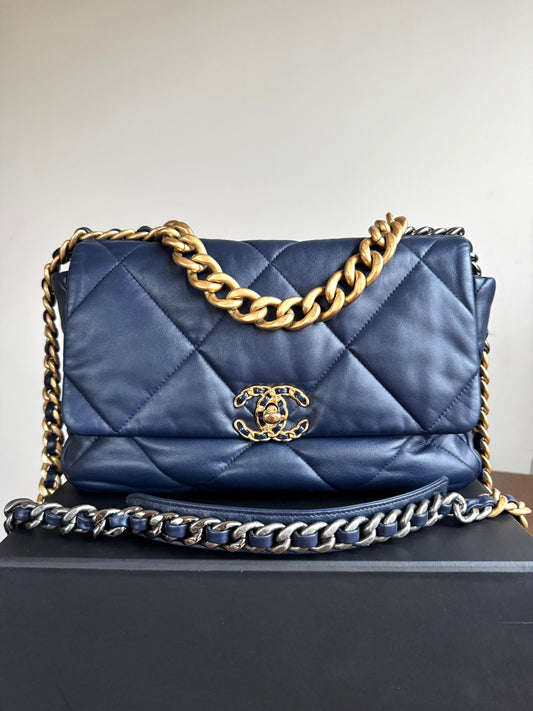 Pre-owned Chanel 19 Small Navy Lambskin Flap Bag