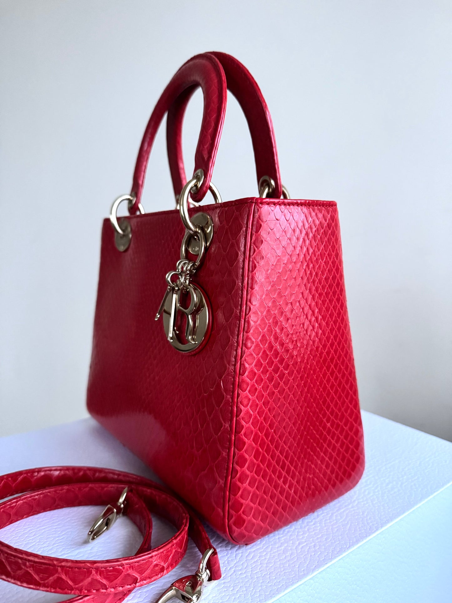 Pre-owned Dior Lady Dior Medium Red Python Bag