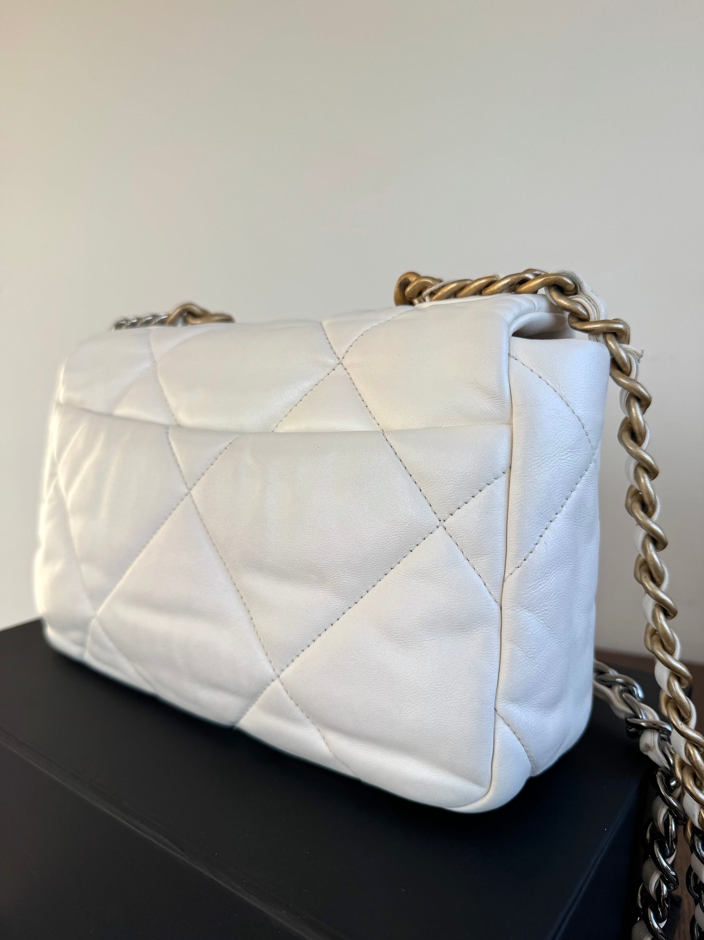 Pre-owned Chanel 19 Small White Lambskin Flap Bag