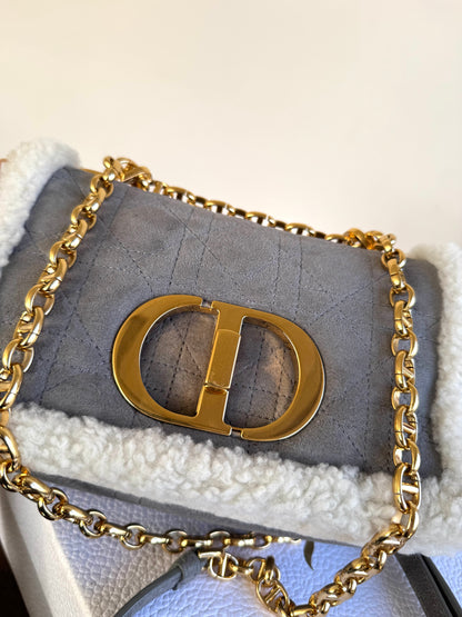 Pre-owned Dior Caro Small Grey Shearling Cannage Flap Bag