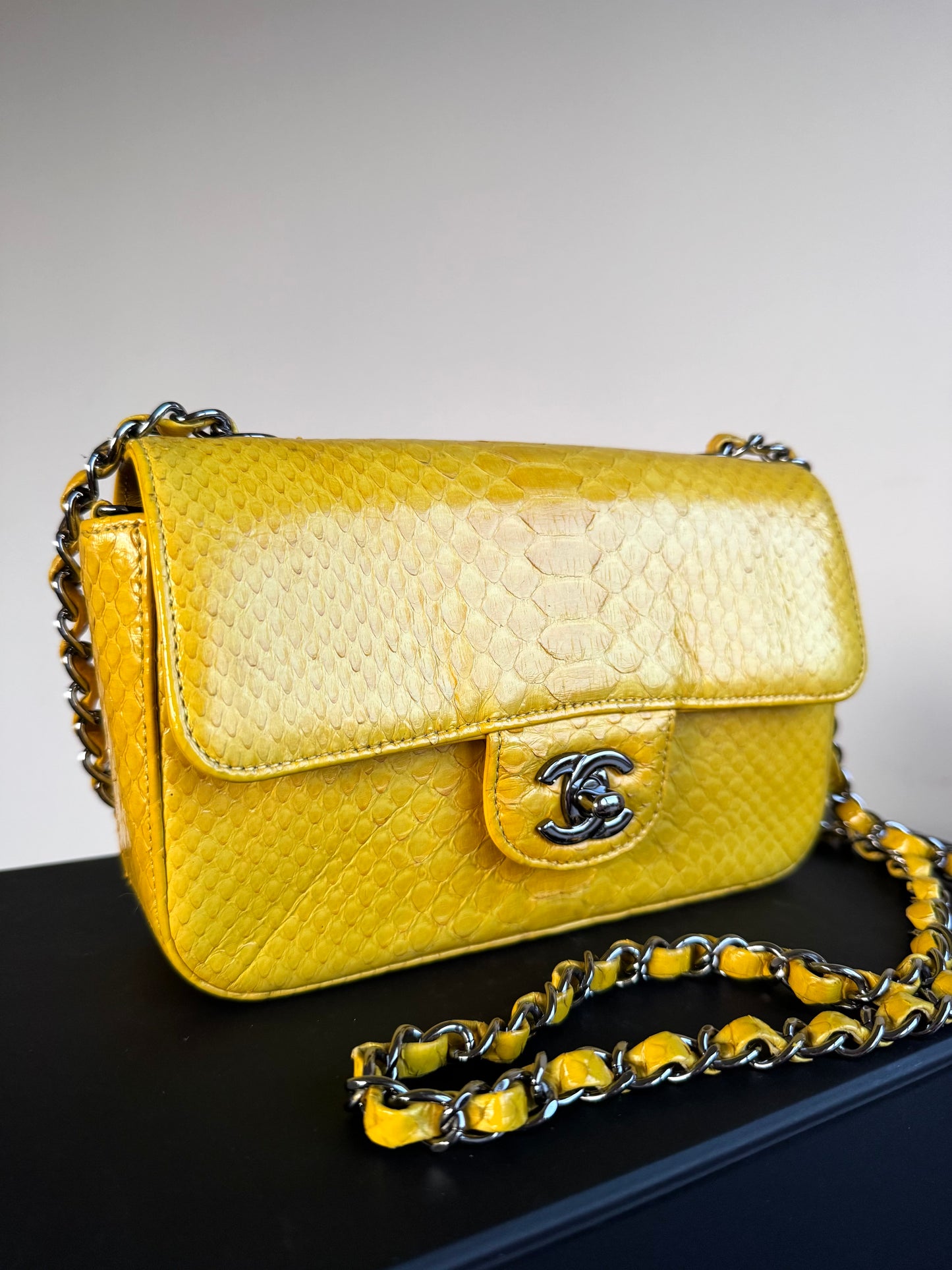Pre-owned Chanel Timeless Mini Rectangle Yellow Python Flap Bag