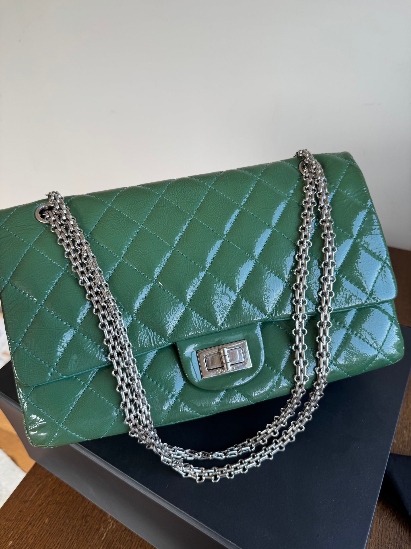 Pre-owned Chanel 2.55 Reissue Maxi 227 Dark Green Patent Leather Flap Bag