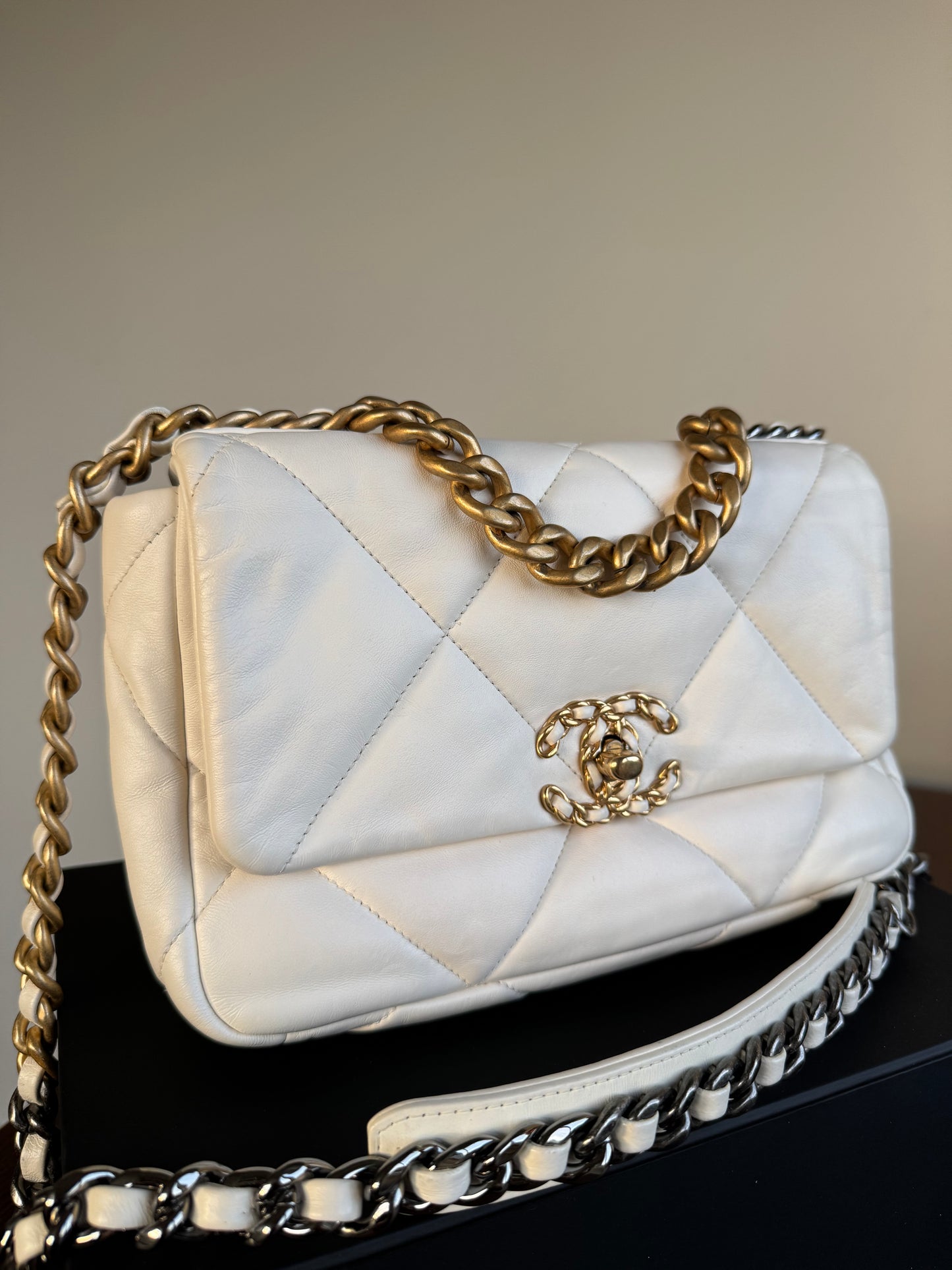 Pre-owned Chanel 19 Small White Lambskin Flap Bag