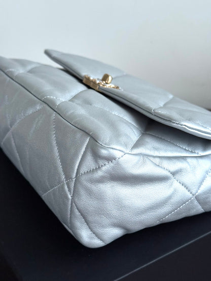Pre-owned Chanel 19 Large Silver Lambskin Flap Bag