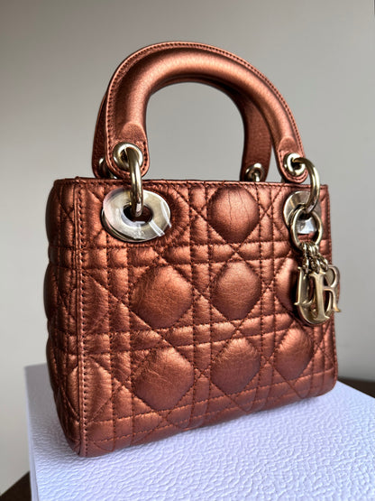 Pre-owned Dior Lady Dior Mini Bronze Lambskin Cannage Bag