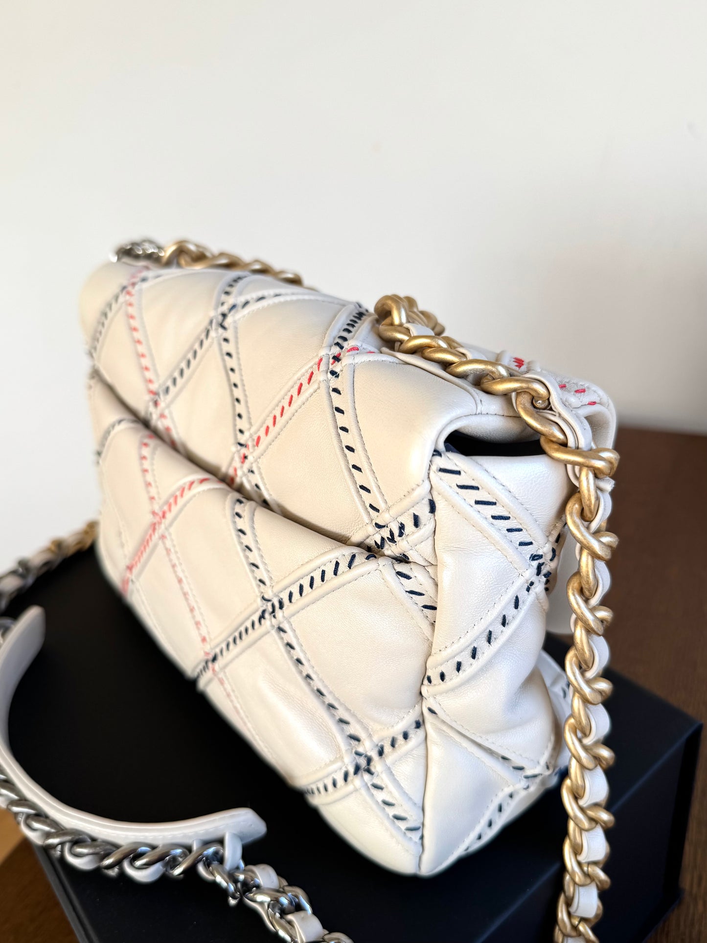 Pre-owned Chanel 19 Small Stitch Beige Lambskin Flap Bag Limited Edition