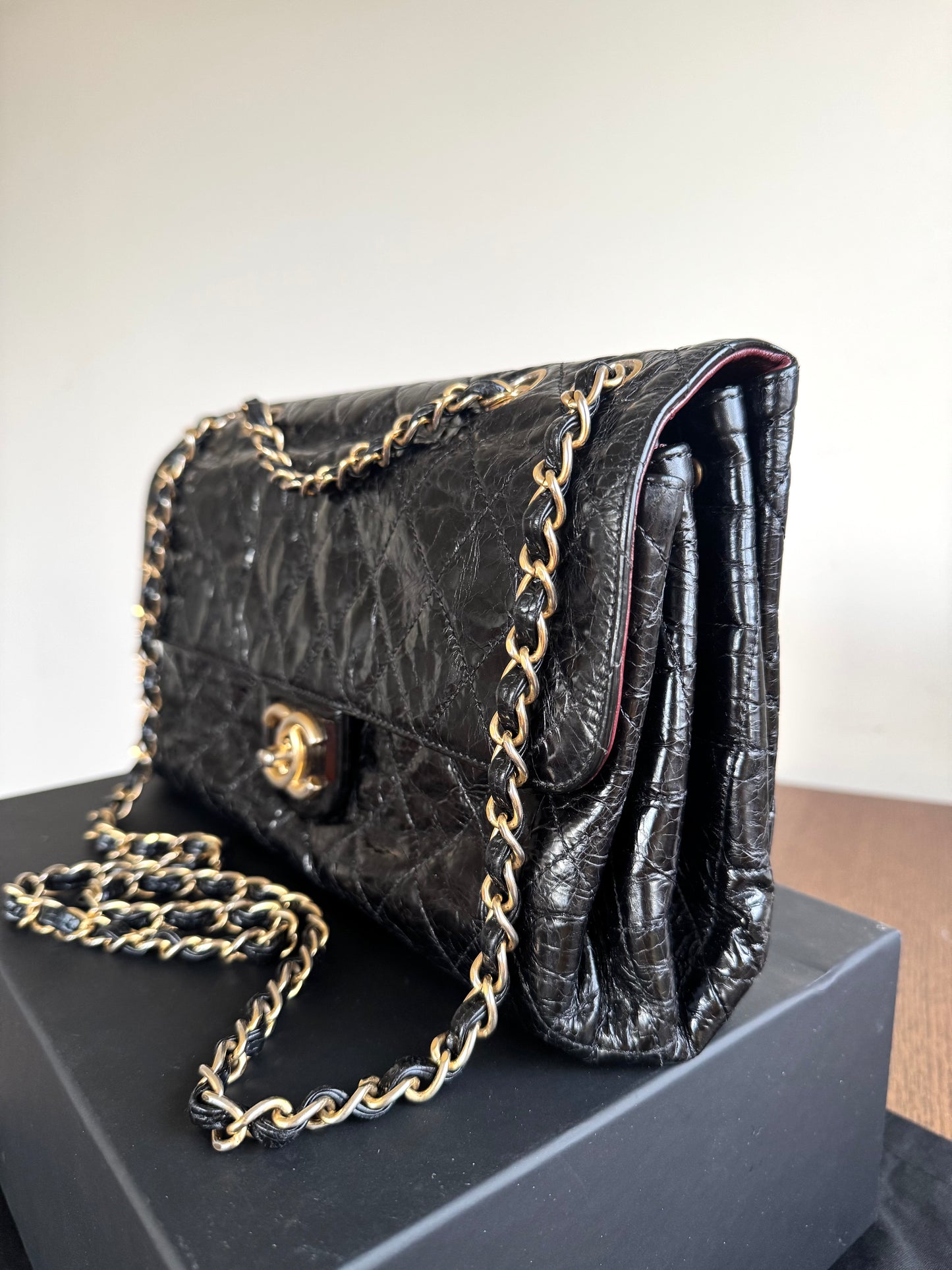 Pre-owned Chanel CC Black Waxed Leather Flap Bag