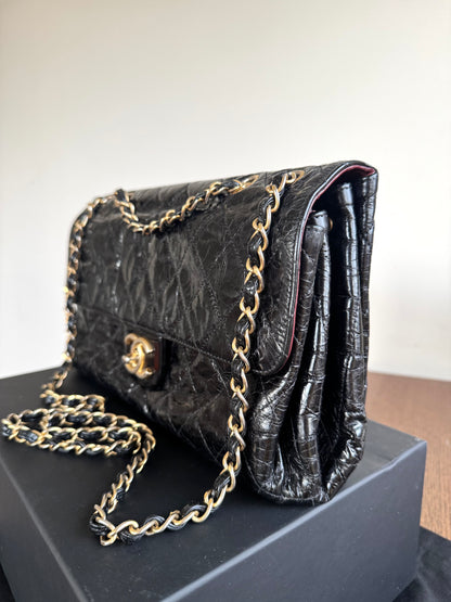 Pre-owned Chanel CC Black Waxed Leather Flap Bag