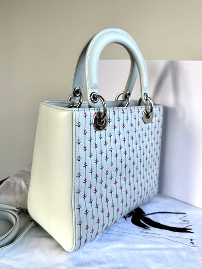 Pre-owned Dior Lady Dior Medium Baby Blue Embroidered Flower Calfskin Bag