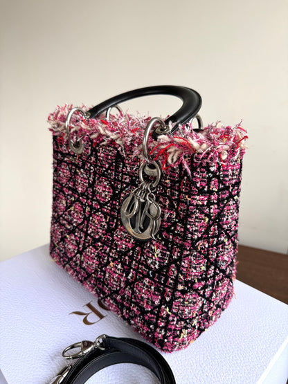 Pre-owned Dior Lady Dior Medium Black Pink Tweed Bag