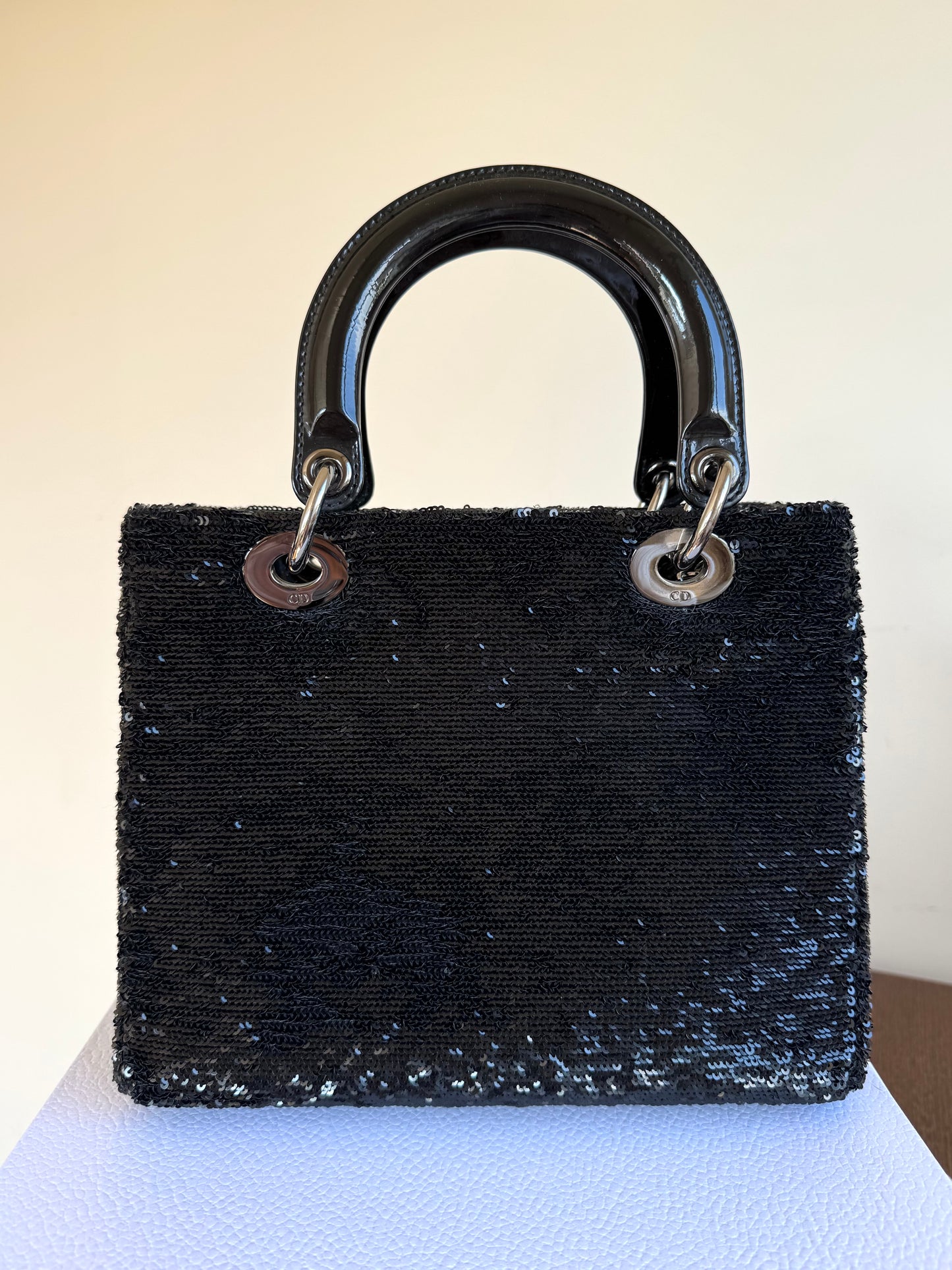 Pre-owned Dior Lady Dior Medium Black Sequin Patent Leather Bag