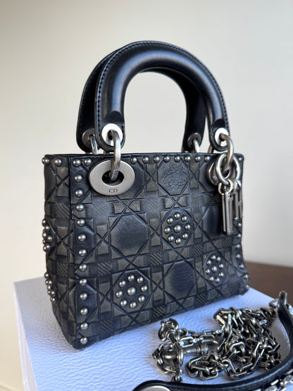 Pre-owned Dior Lady Dior Mini Studded Blacked Aged Calfskin Bag Limited Edition