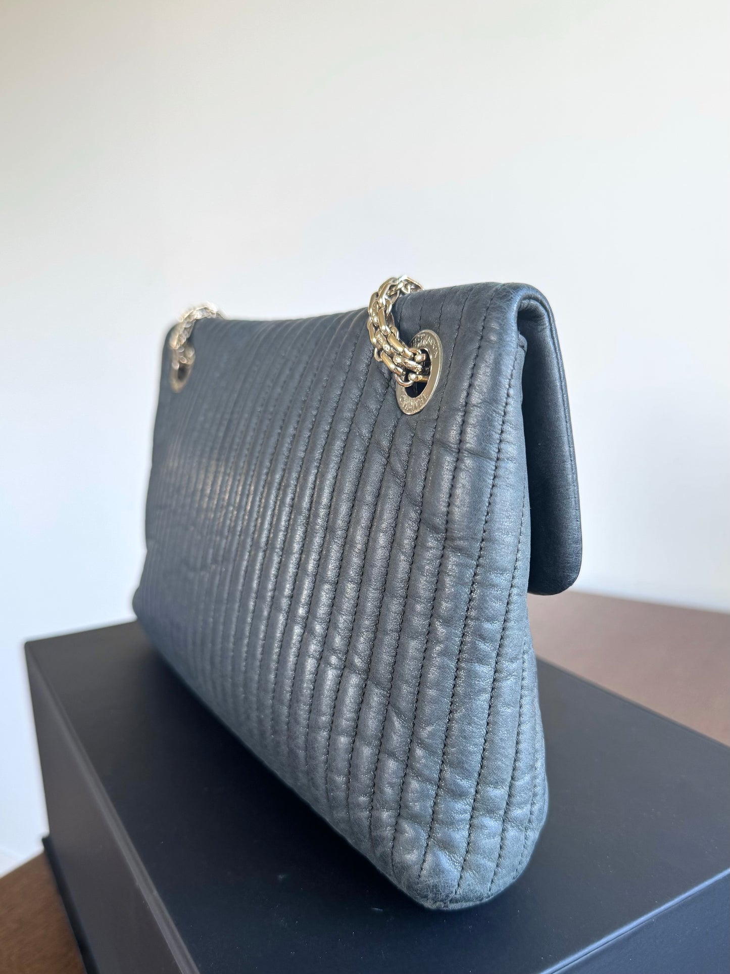 Pre-owned Chanel 2.55 Vertical Dark Grey Iridescent Leather Flap Bag
