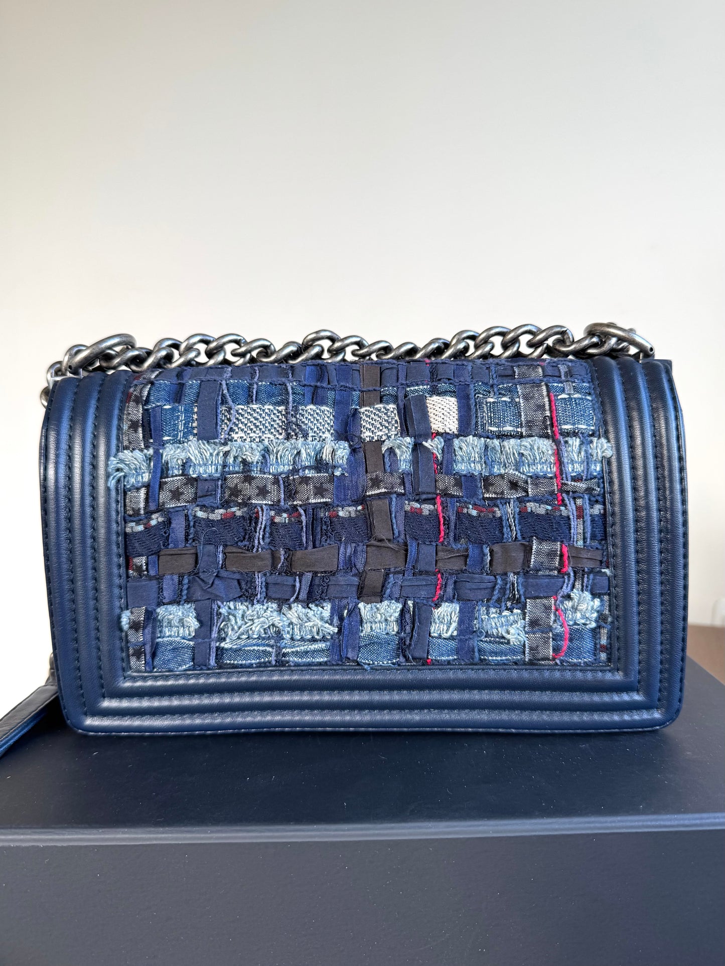 Pre-owned Chanel Boy Medium Blue Denim Tweed Leather Flap Bag