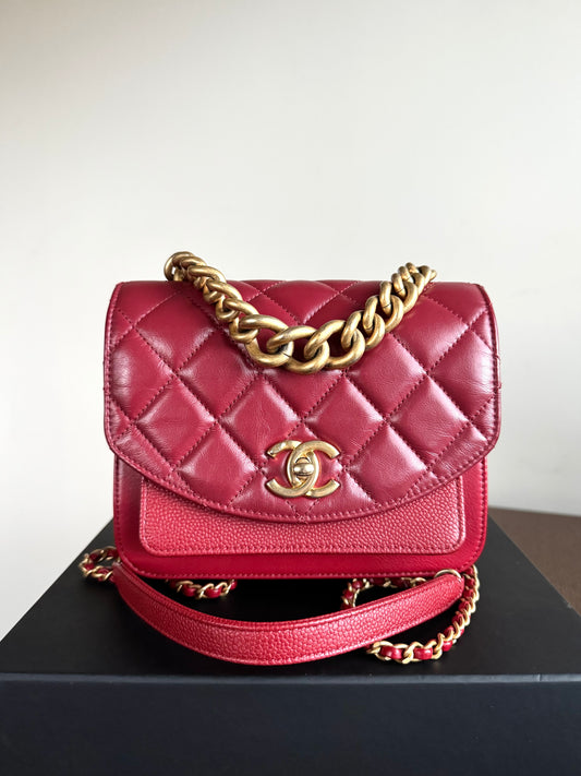 Pre-owned Chanel Top Chain Red Burgundy Caviar Flap Bag