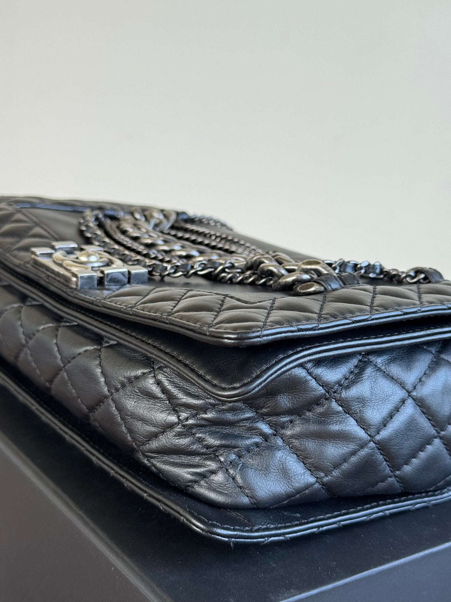 Pre-owned Chanel Boy Large Black Leather Multi-chain Flap Bag Limited Edition