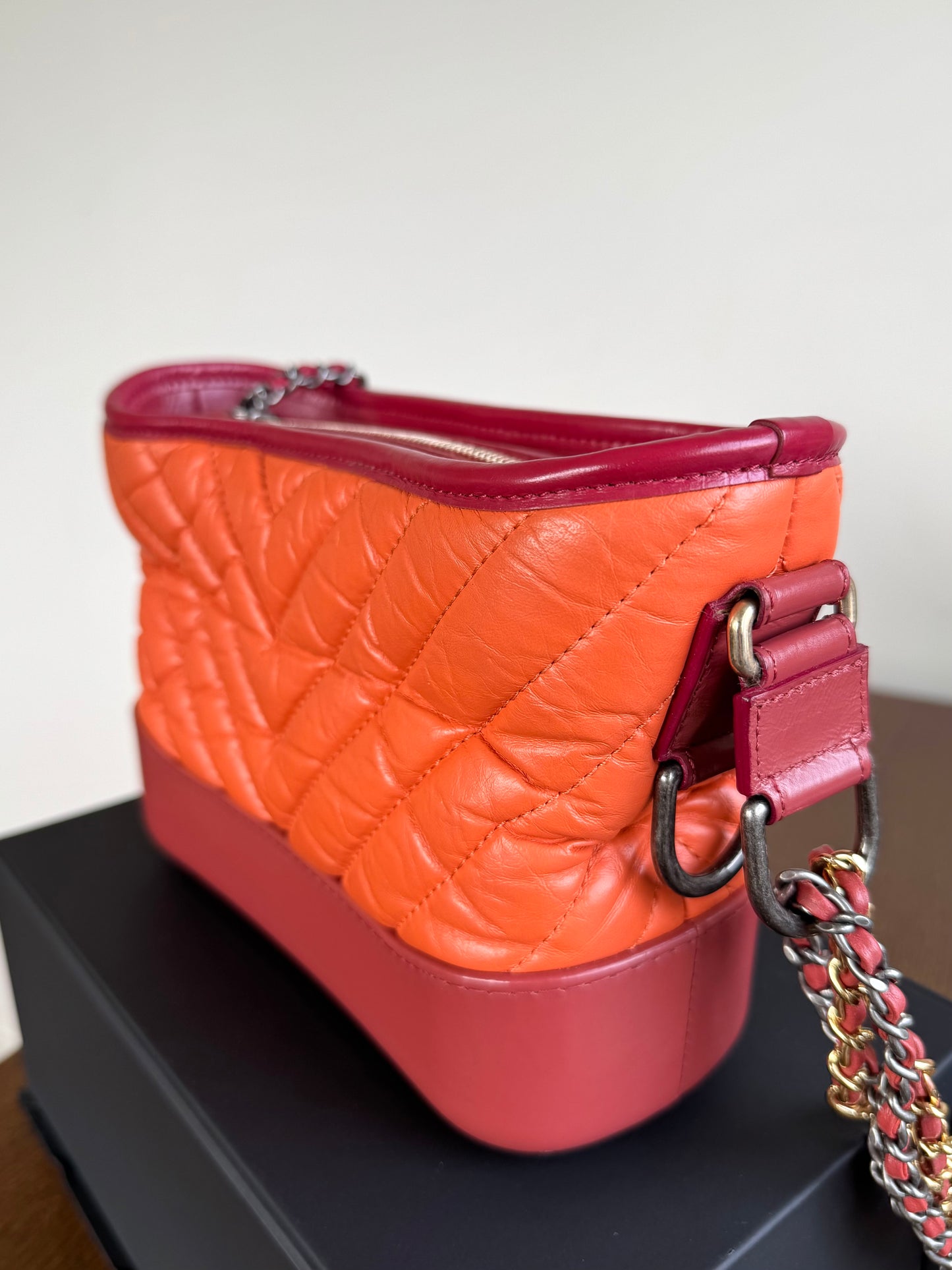 Pre-owned Chanel Gabrielle Small Orange Red Leather Hobo Bag