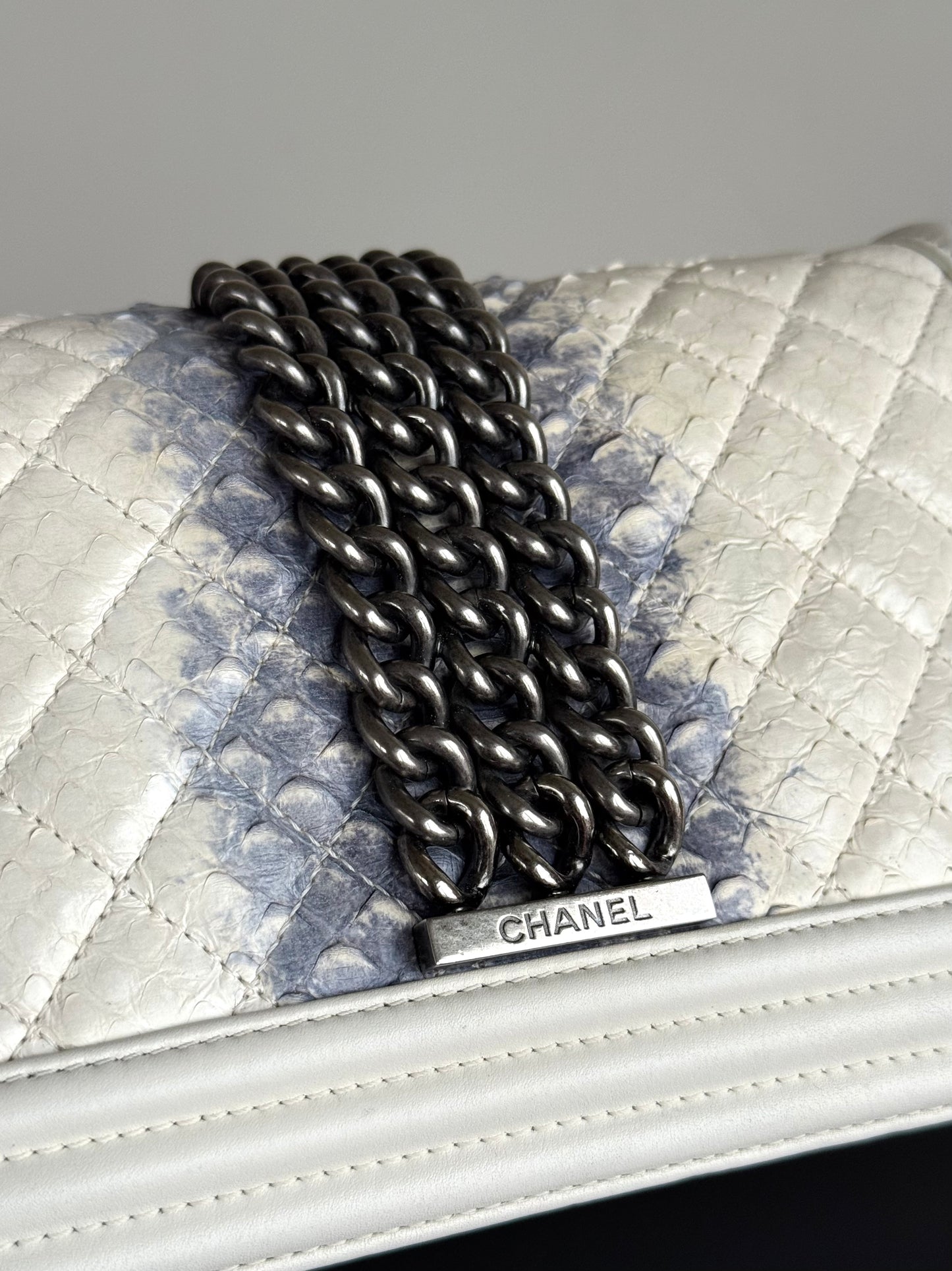 Pre-owned Chanel Boy Medium Off White Python Chain Around Flap Bag