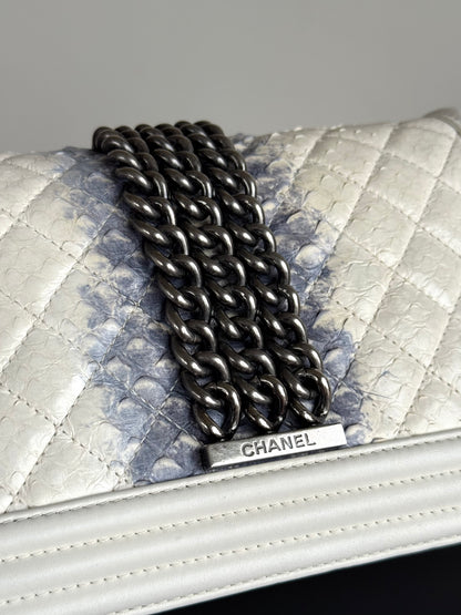 Pre-owned Chanel Boy Medium Off White Python Chain Around Flap Bag