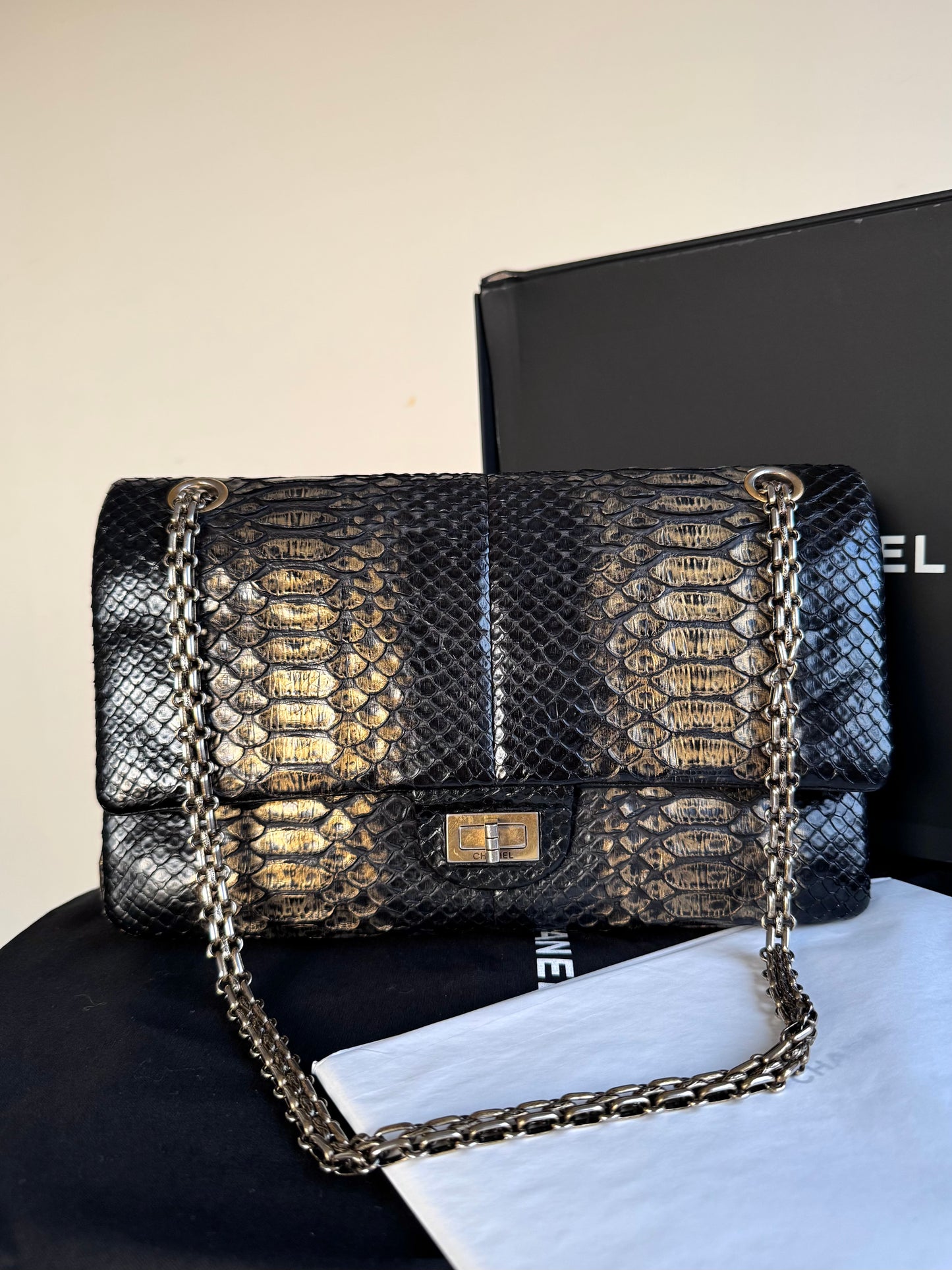 Pre-owned Chanel 2.55 Reissue Large 226 Black Gold Python Flap Bag