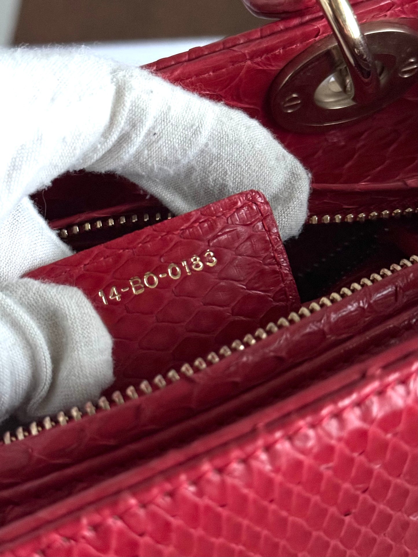 Pre-owned Dior Lady Dior Medium Red Python Bag