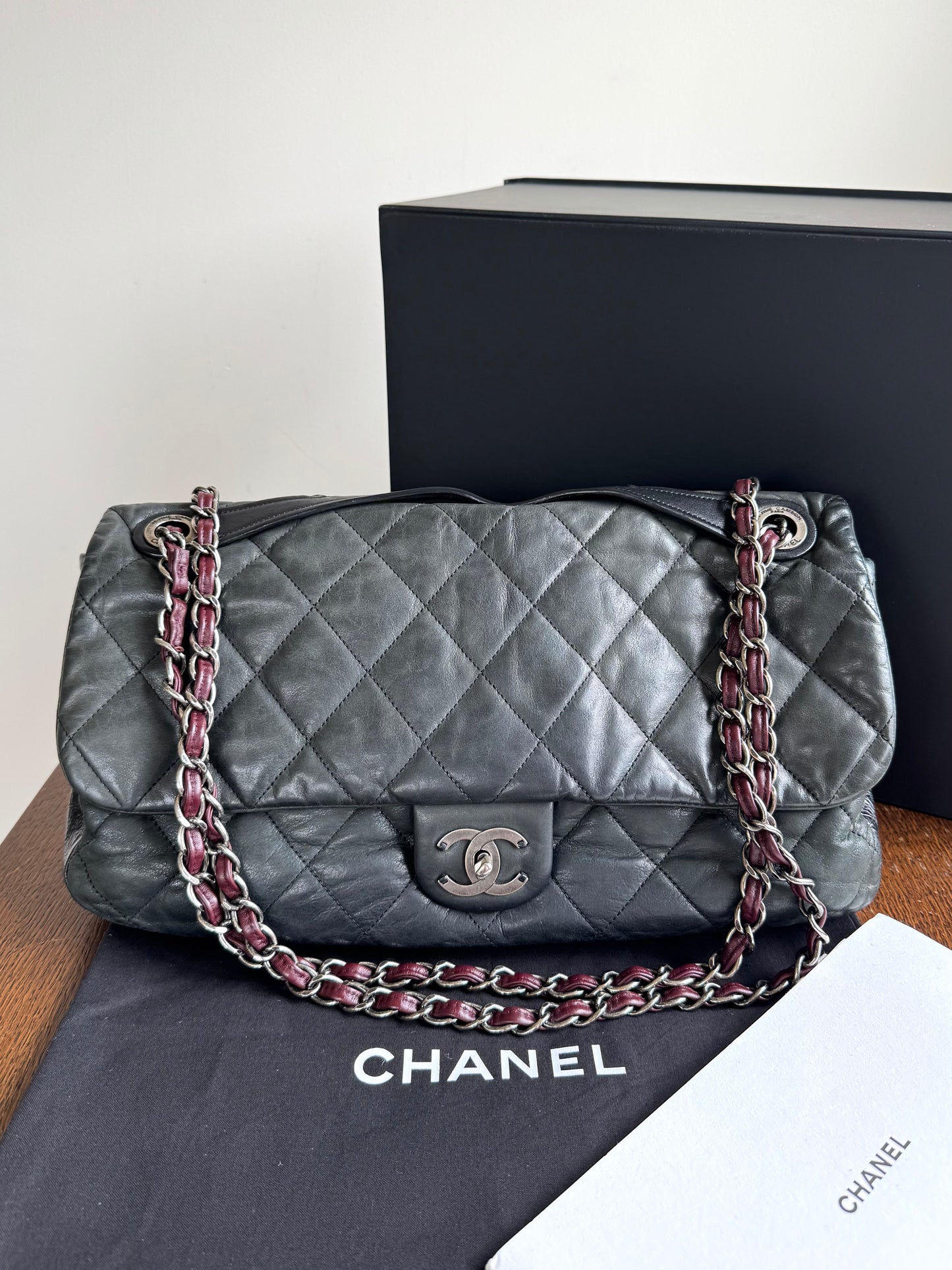 Pre-owned Chanel In The Mix Jumbo Charcoal Grey Iridescent Leather Flap Bag