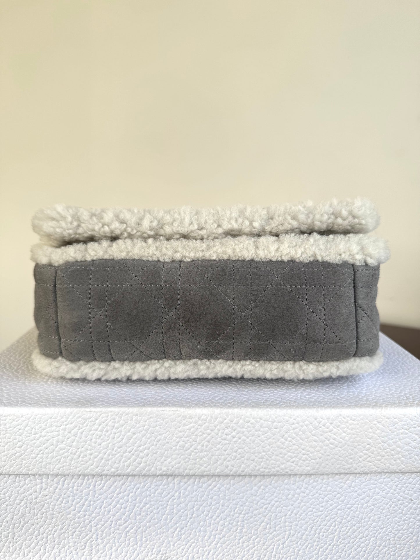 Pre-owned Dior Caro Small Grey Shearling Cannage Flap Bag